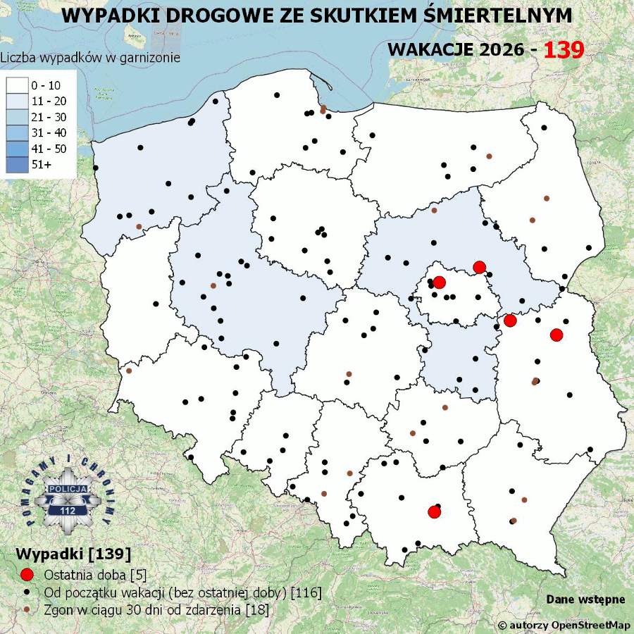 Mapa prezentująca liczbę wypadków poprzedniej doby w Polsce. Prezentowane dane są dostępne w tekście poniżej.