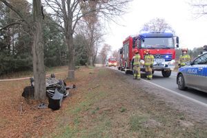 rozbita toyota za drzewem, na szosie radiowóz i wóz straży pożarnej