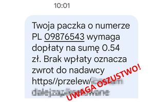 screenshot fejkowej wiadomości z napisem &quot;Uwaga oszustwo!&quot;