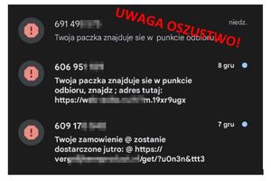 screenshot fejkowej wiadomości z napisem &quot;Uwaga oszustwo!&quot;