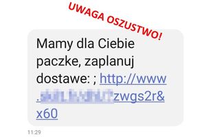 screenshot fejkowej wiadomości z napisem &quot;Uwaga oszustwo!&quot;