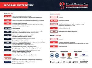 Program mistrzostw:
Piątek 19.05.2023:
15.00-16.00 Rejestracja oraz zakwaterowanie drużyn
16.30 Ustawienie kolumny oraz przejazd na miejsce otwarcia mistrzostw
17.00 Oficjalne otwarcie mistrzostw
17.20-19.50 Panel naukowy
20.00 Odprawa zespołów przed konkurencjami nocnymi
20.20-21.20 kolacja
22.00 -3.00 Konkurencje nocne
Sobota 20.05.2023
7.00-8.00 Śniadanie
8.00-18.00 Konkurencje dzienne
13.00-14.00 obiad
19.00 Omówienie konkurencji
20.00 Kolacja połączona z imprezą integracyjną
Niedziela 21.05.2023
9.00-10.00 Śniadanie
12.00 Uroczyste zakończenie mistrzostw
13.00 Wykwaterowanie