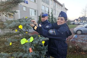 policjanci przystrajają choinkę odblaskami