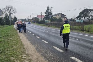policjant zatrzymuje ruch w miejscu, w którym dzieci z Radomic będą przechodzić do parku