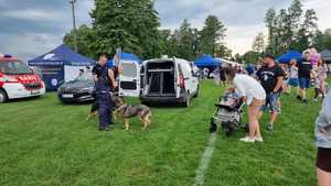 Policjanci pokazują dzieciom jak pracują psy słuzbowe