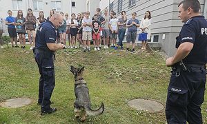 uczniowie i przewodnicy psów służbowych z podopiecznym