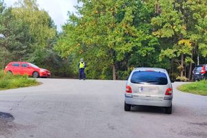 policjant podchodzi do kontrolowanego auta