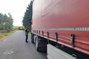 policjant kontroluje kierującego pojazdem ciężarowym
