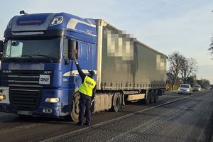policjant kontroluje kierującego cieżarówką