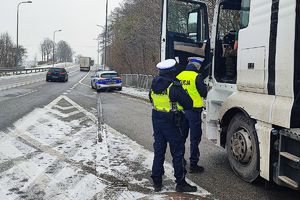 policjanci kontrolują kierowcę ciężarówki