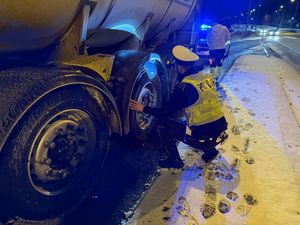 Policjant kontroluje stan ogumienia opon w samochodzie ciężarowym