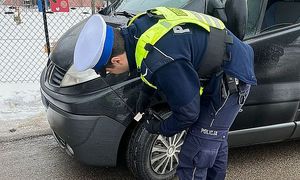 policjant kontroluje stan ogumienia pojazdu